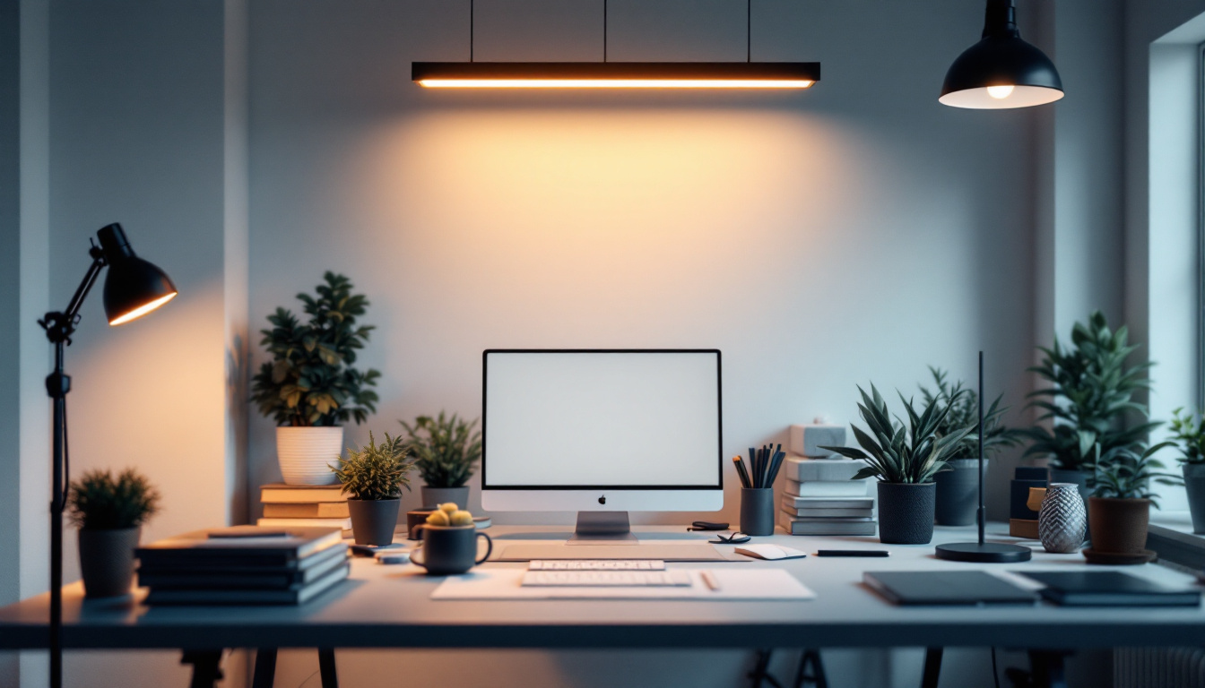 A photograph of a well-lit workspace featuring dimmable shop lights in action