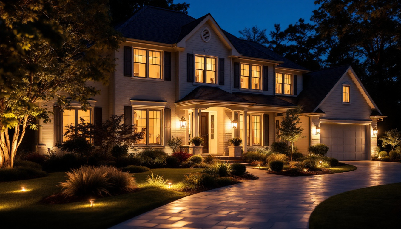 A photograph of a beautifully illuminated home exterior at dusk