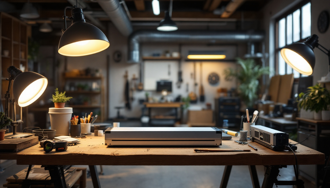 A photograph of a well-lit workspace featuring an f96t12 ballast alongside various lighting fixtures and tools