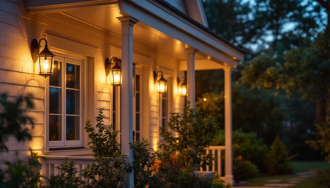 A photograph of a beautifully designed porch featuring a variety of stylish light fixtures in use during twilight