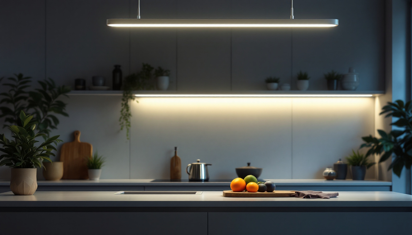 A photograph of a modern kitchen illuminated by a sleek 4-foot led light fixture