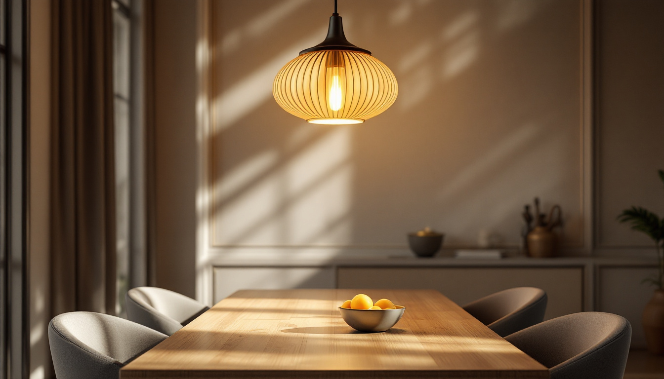 A photograph of a beautifully designed dining space featuring an elegant pendant light as the focal point