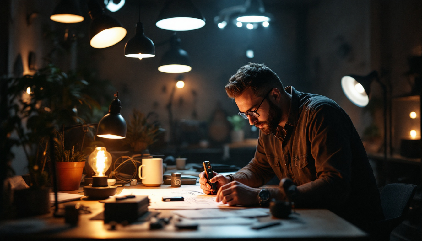 A photograph of a lighting designer at work in a dimly lit space