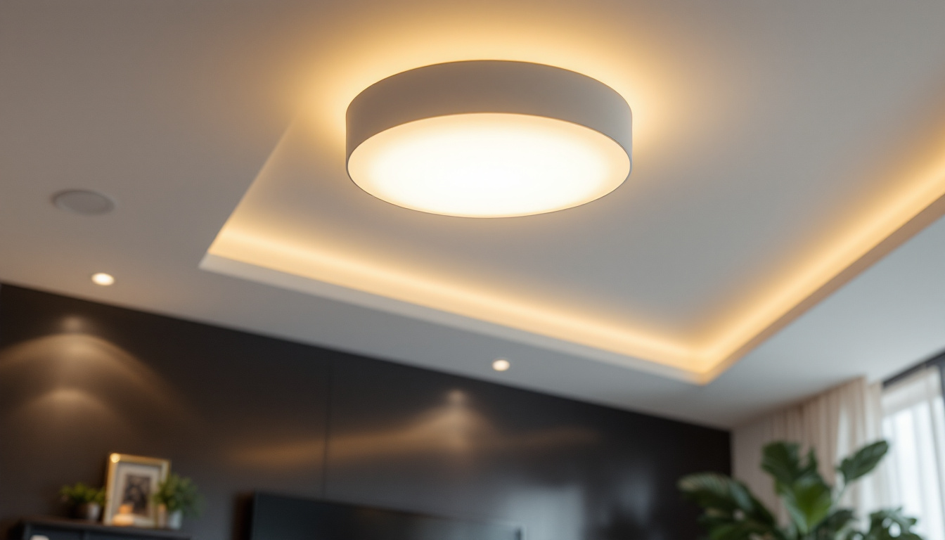 A photograph of a sleek flush mount dome light installed in a modern interior setting