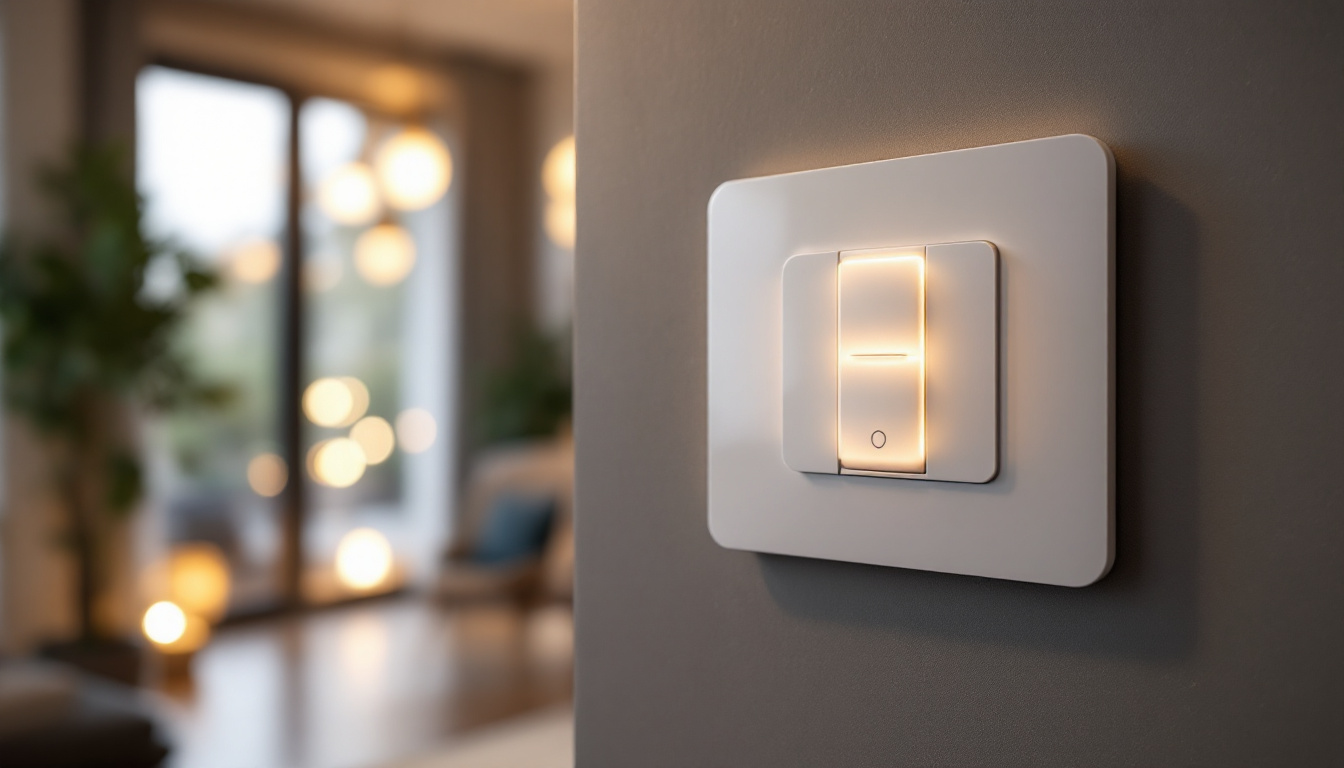 A photograph of a modern lighting control panel featuring a lightswitch timer in a stylish home setting