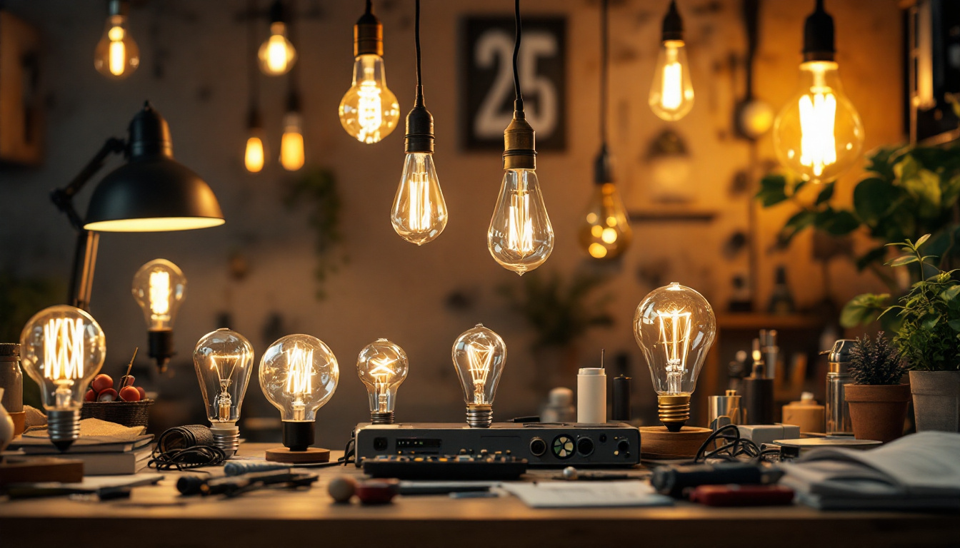 A photograph of a well-lit workspace featuring an assortment of lamps and light bulbs