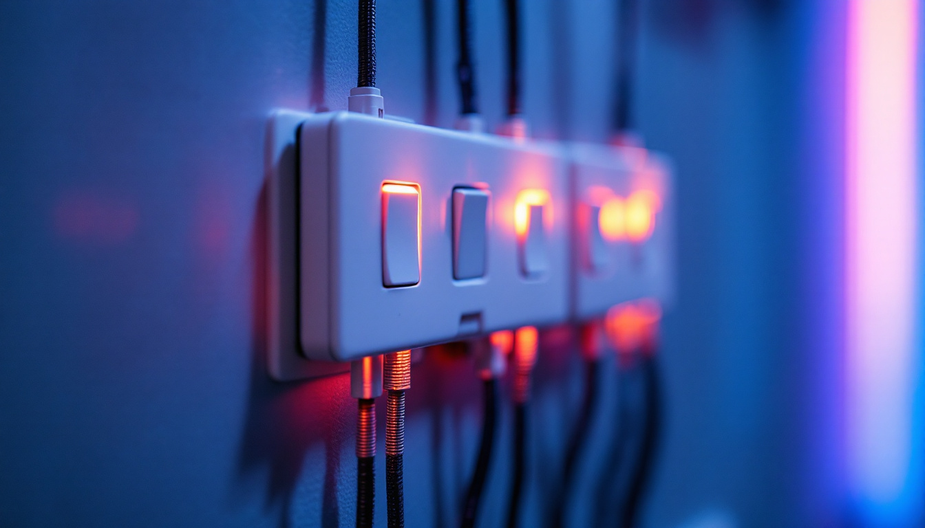 A photograph of a close-up view of a three-switch light switch panel