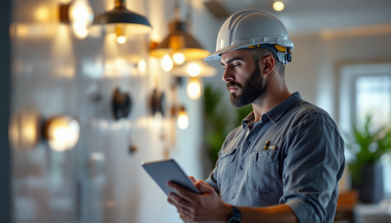 A photograph of a skilled electrical engineer examining a well-lit residential space