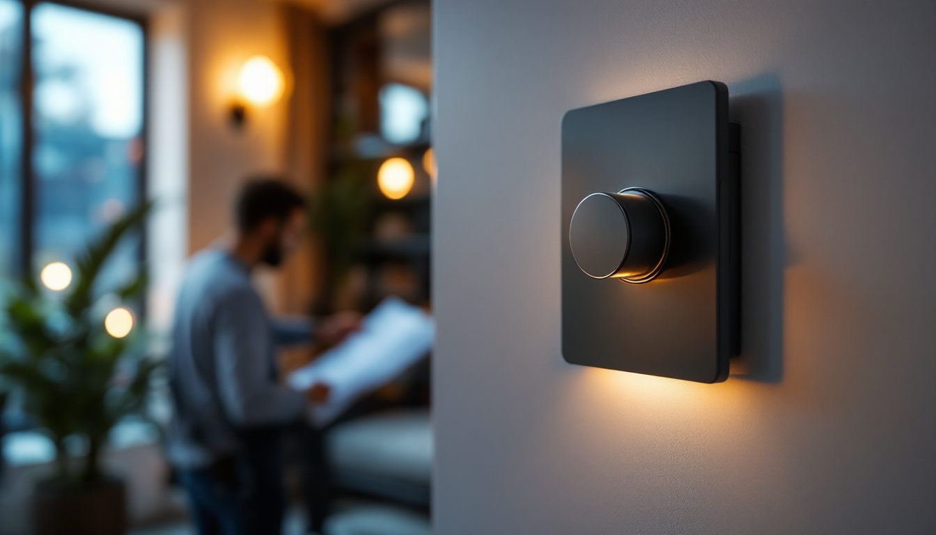 A photograph of a close-up shot of a modern led dimmer light switch in a stylish home setting