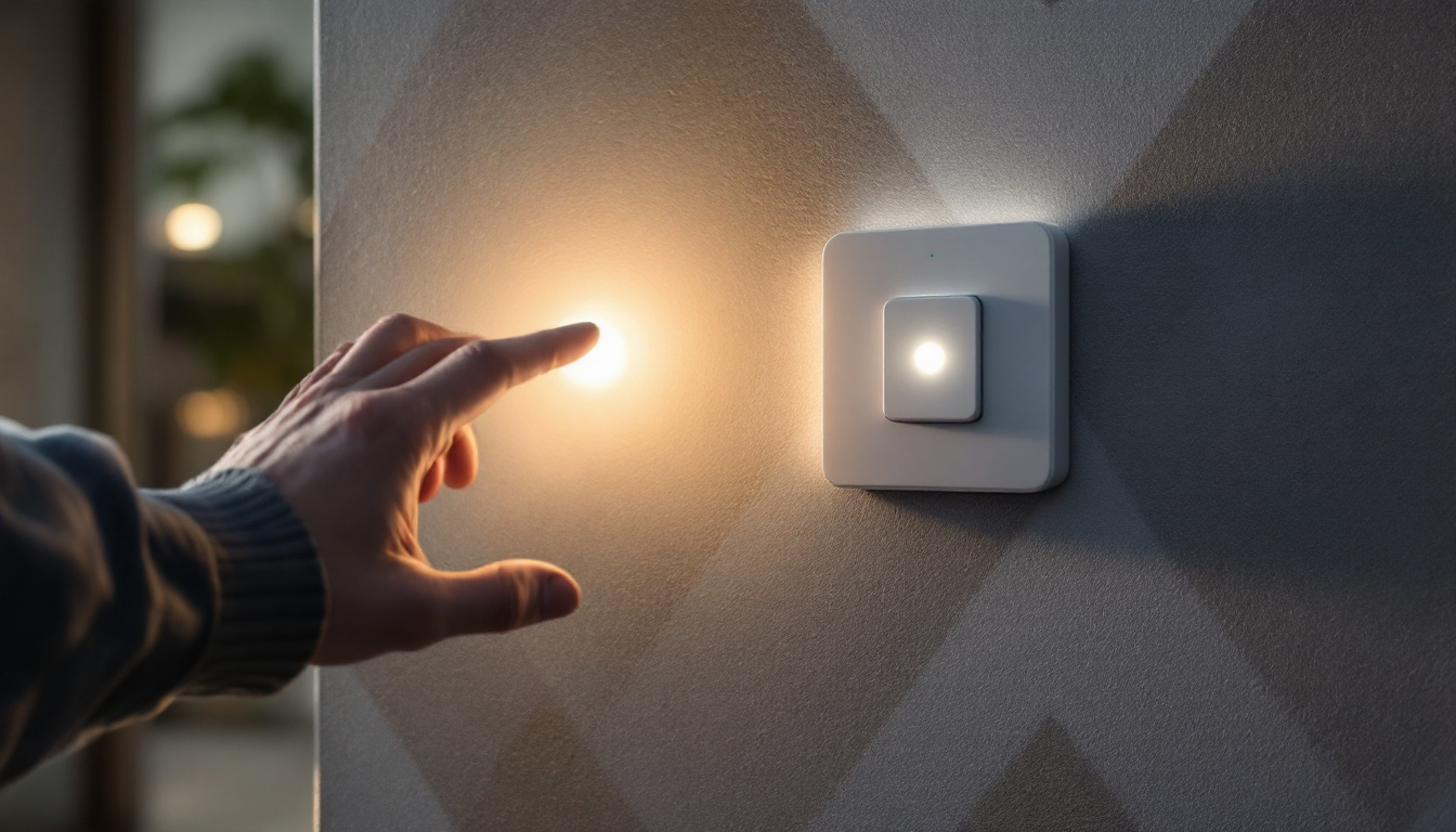 A photograph of a modern smart light switch installed on a stylish wall