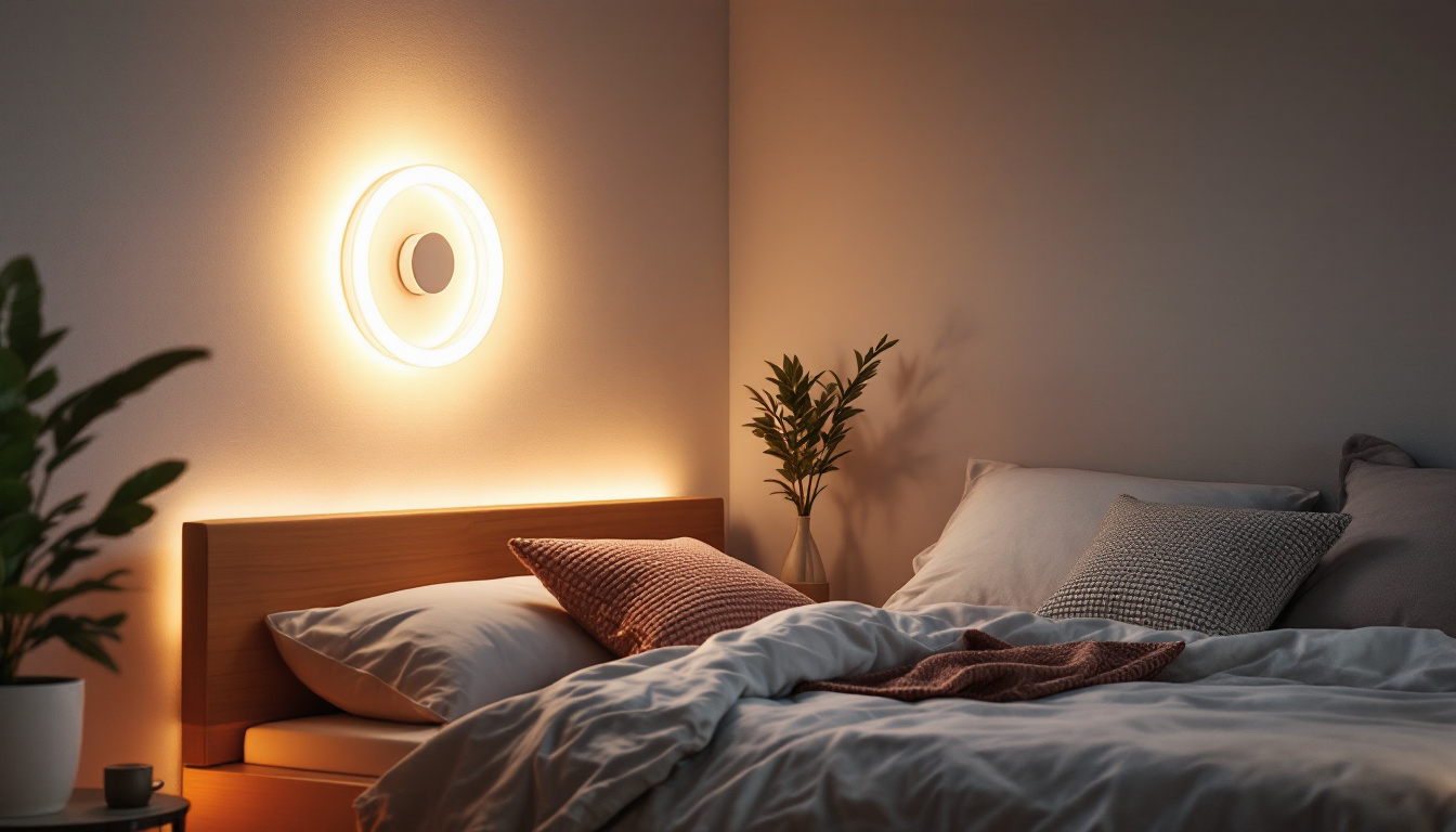 A photograph of a stylish bedroom featuring a rotatable led strip wall lamp