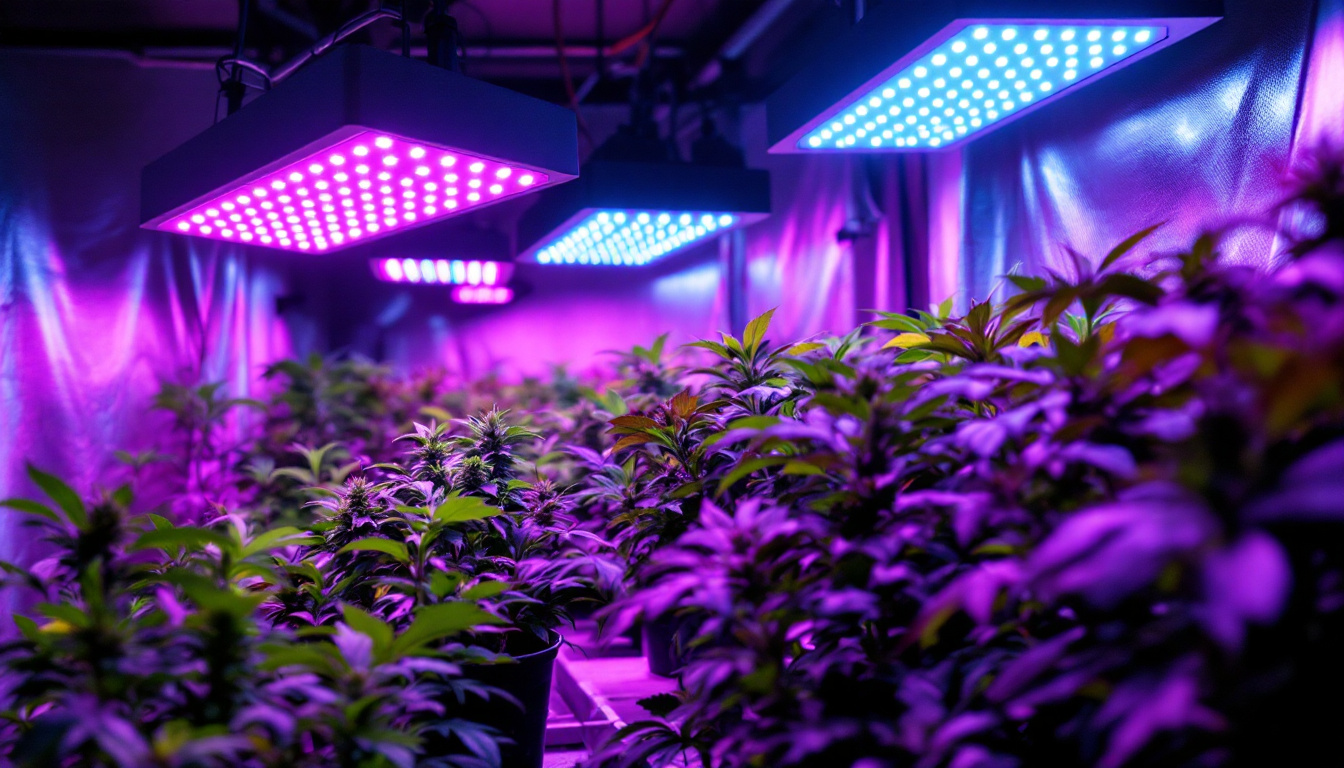 A photograph of a modern indoor grow room showcasing various growers choice lights in action