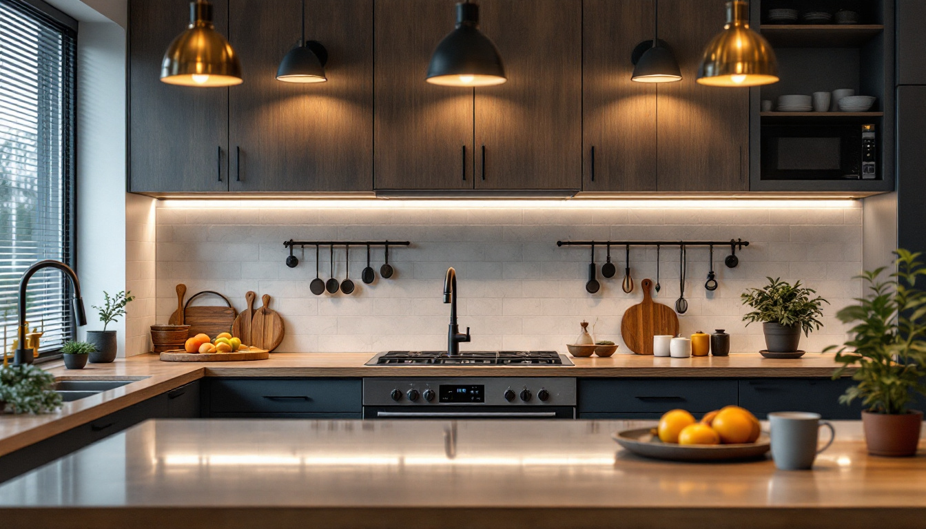 A photograph of a stylish kitchen featuring both industrial and commercial under cabinet lighting designs