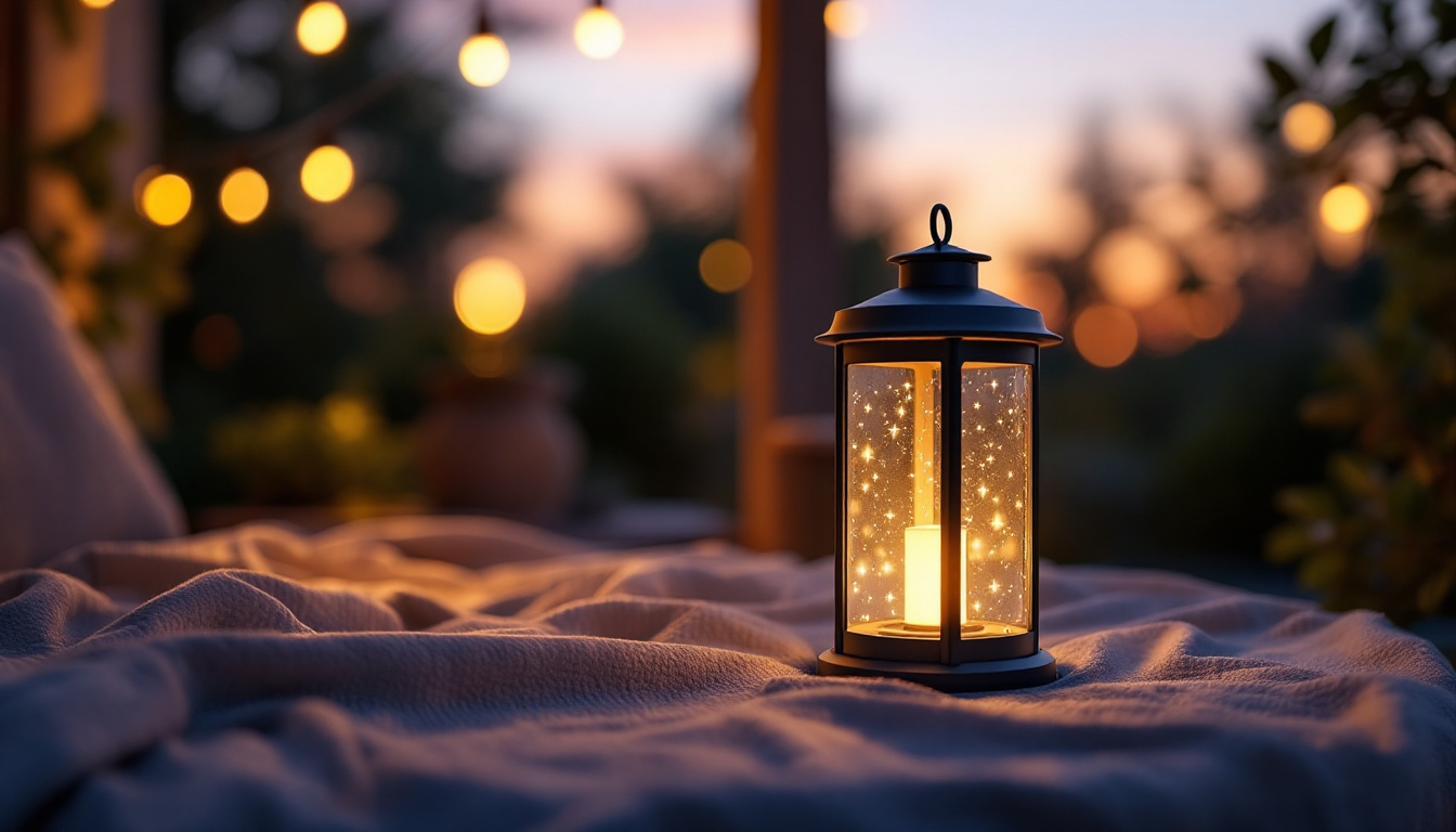 A photograph of a beautifully designed led porch lantern illuminating a cozy outdoor setting during dusk