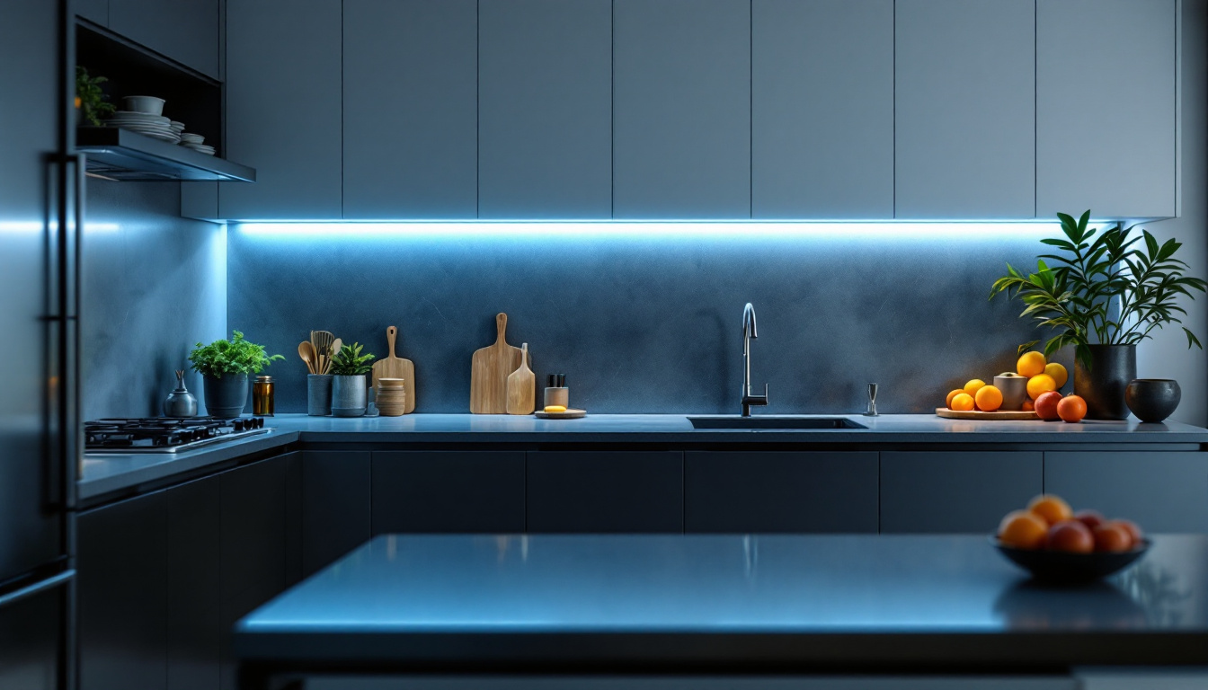 A photograph of a beautifully designed kitchen featuring sleek under cabinet lighting that highlights the workspace