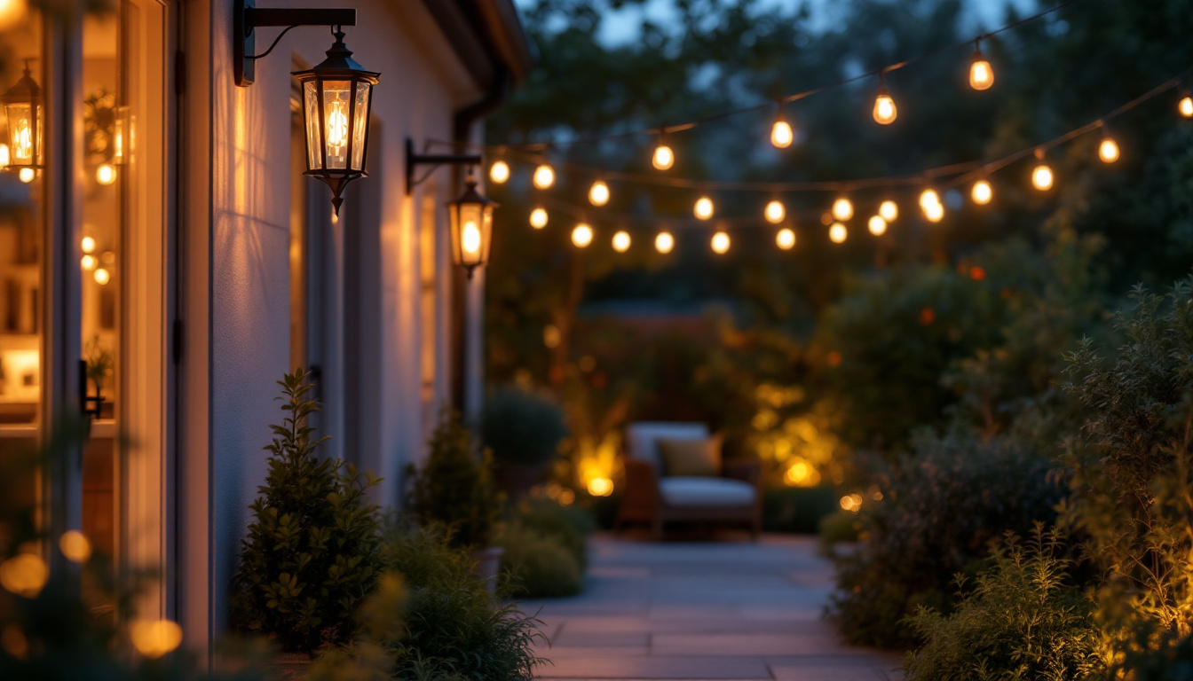 A photograph of a beautifully illuminated outdoor space featuring stylish lantern light fixtures