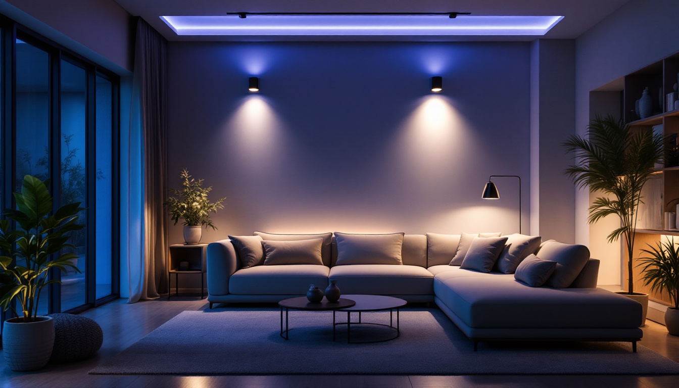 A photograph of a modern living space featuring striking blue house lights integrated into an advanced lighting system