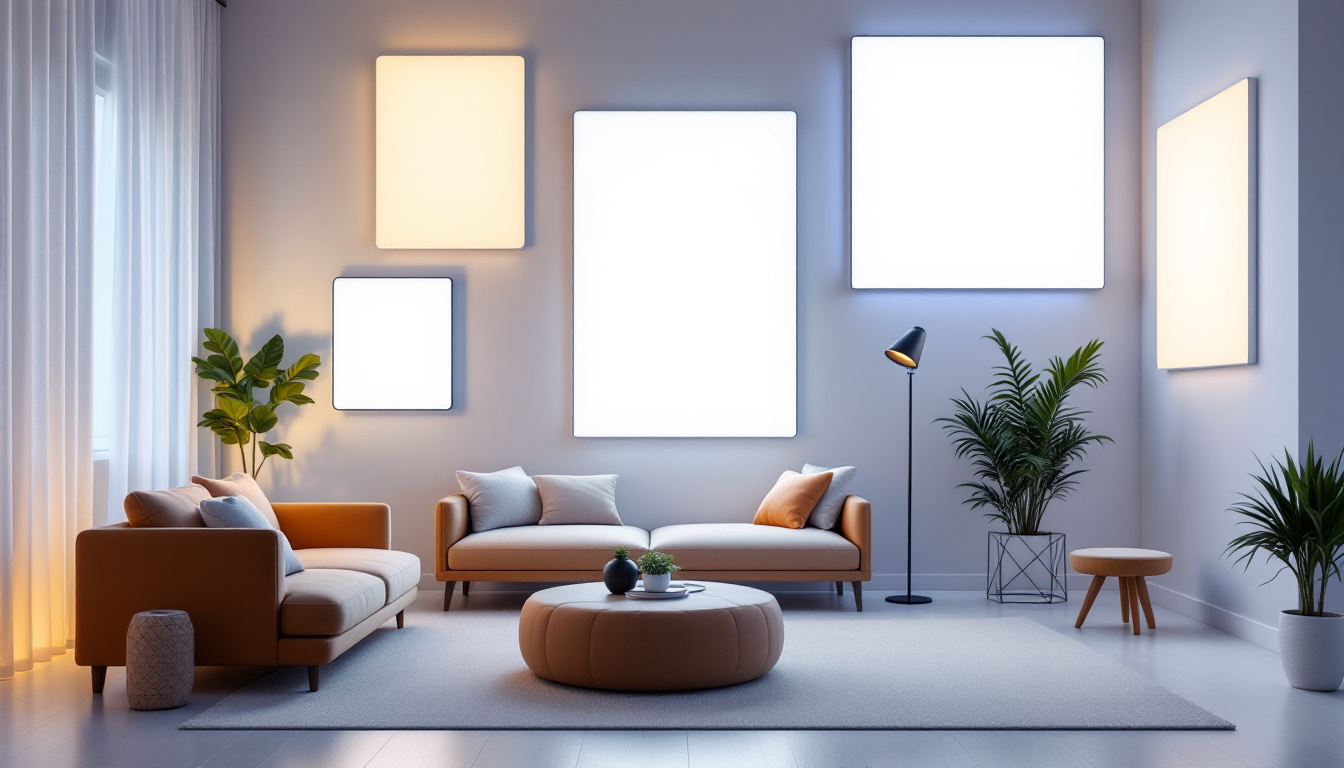 A photograph of a modern interior space showcasing stylish panel led lights in various designs and settings