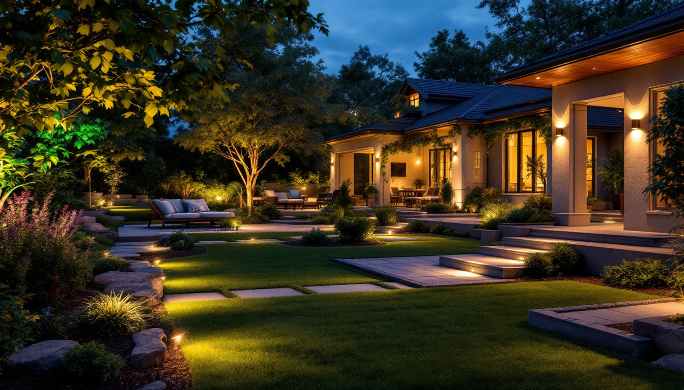 A photograph of a beautifully illuminated backyard scene at dusk