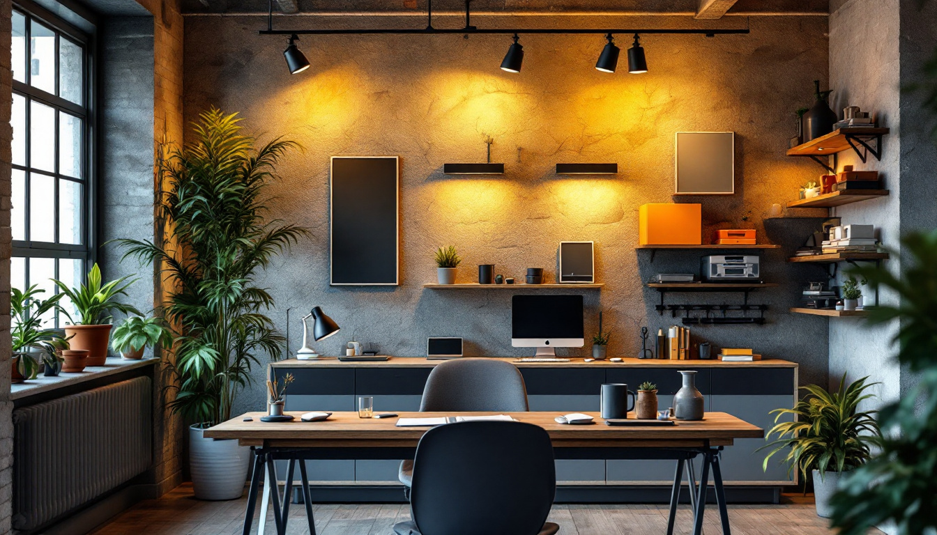 A photograph of a well-designed workspace featuring various track lighting solutions