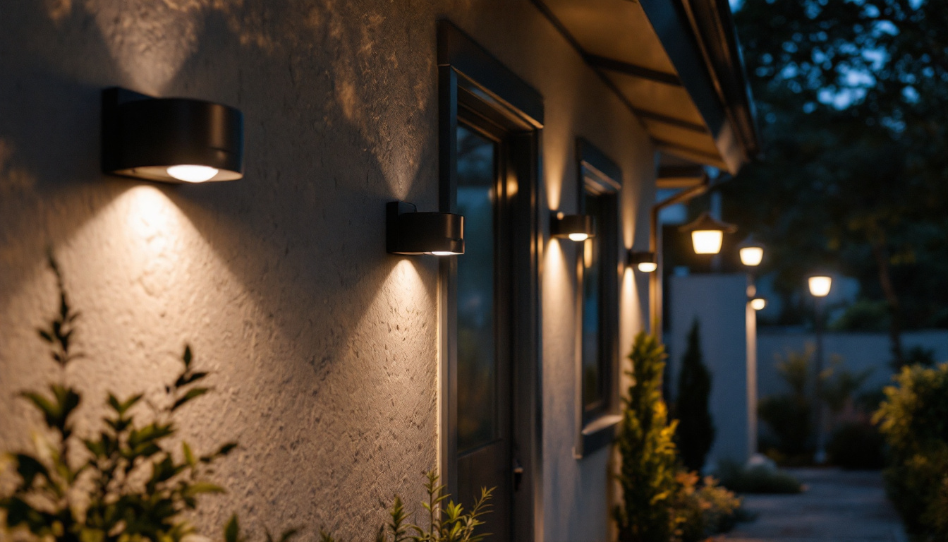 A photograph of a well-lit outdoor setting featuring a variety of security lights with motion detectors installed on walls and poles