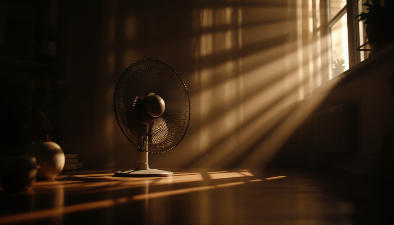 A photograph of a fan casting dynamic light and shadow patterns in a dimly lit room