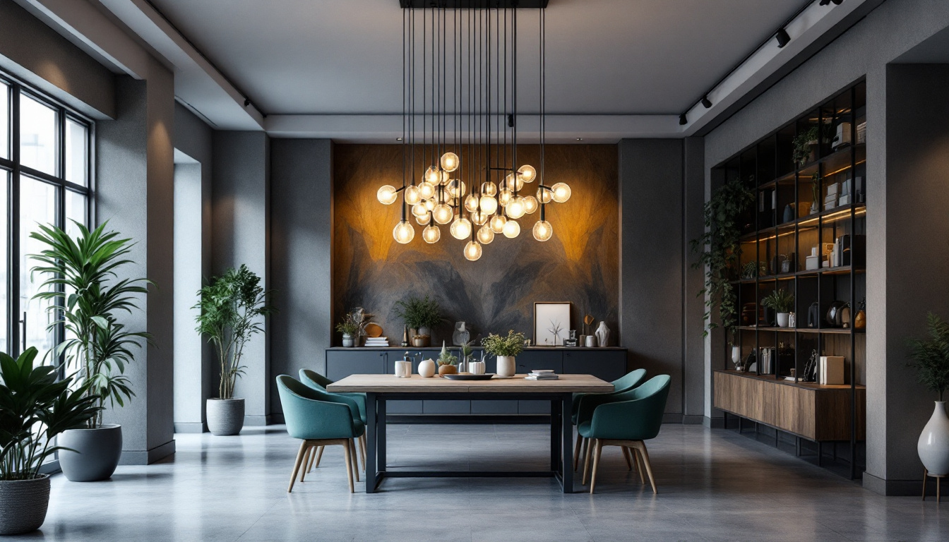 A photograph of a stylish office space featuring a striking chandelier that highlights the interplay of light and design