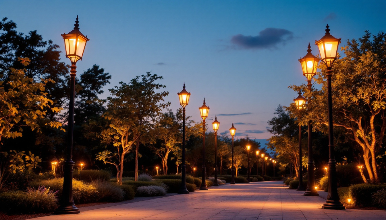 A photograph of capture a photograph of a beautifully lit outdoor space featuring various styles of light posts