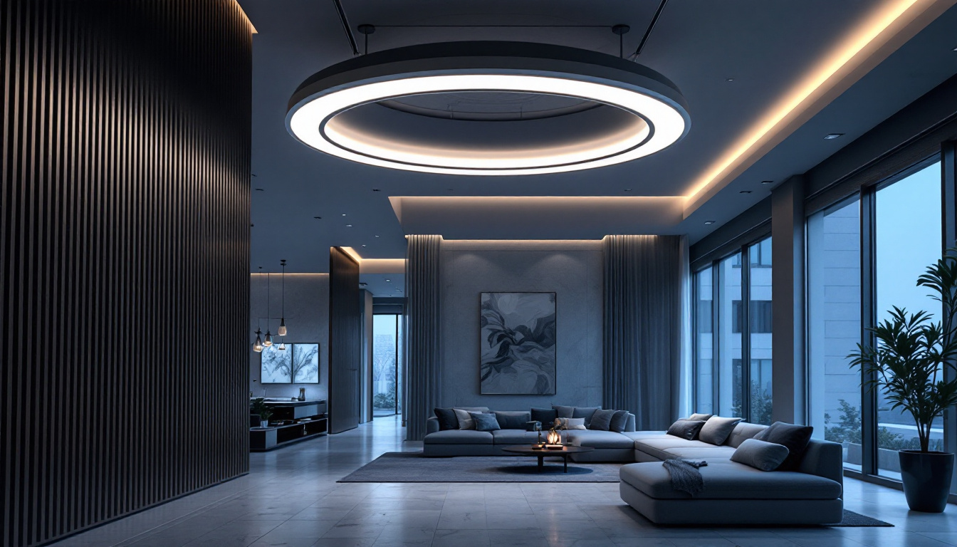 A photograph of a modern room featuring an innovative ceiling light design
