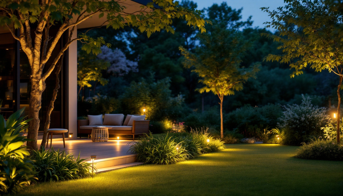 A photograph of a beautifully designed outdoor space illuminated by solar-powered lights at dusk