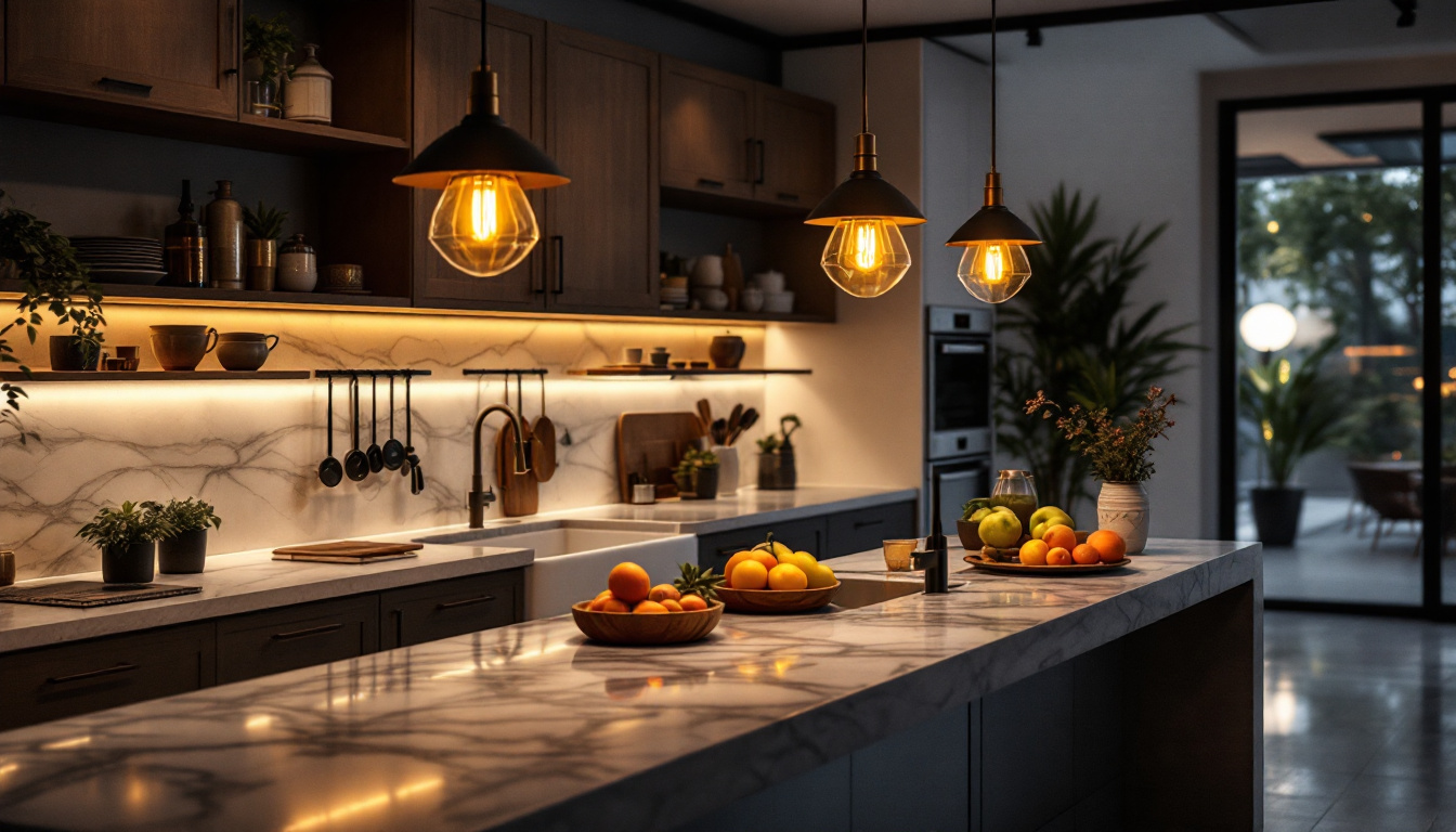A photograph of a beautifully designed kitchen island illuminated by stylish light fixtures