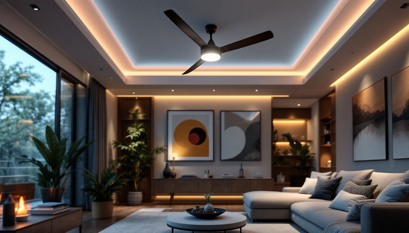 A photograph of a stylish residential ceiling fan with integrated lighting