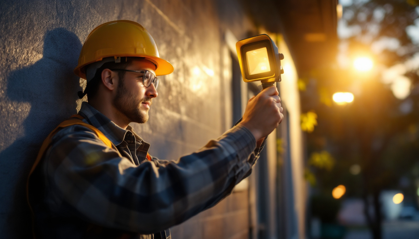 A photograph of a skilled electrical engineer installing or adjusting a sensor floodlight in an outdoor setting