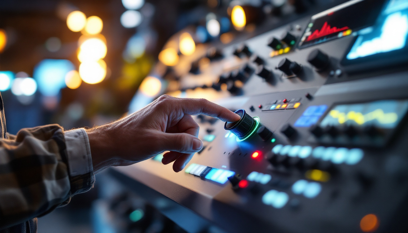 A photograph of a lighting engineer adjusting a sophisticated toggle switch on a modern lighting control panel