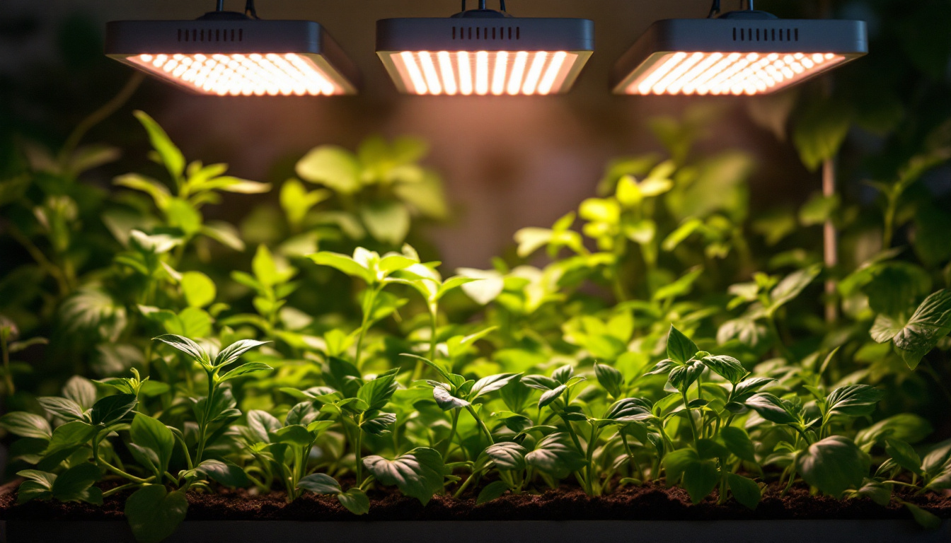 A photograph of a vibrant indoor garden illuminated by low-price grow lights