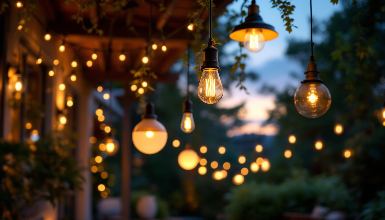 A photograph of a beautifully illuminated outdoor space featuring various styles of hanging lighting fixtures