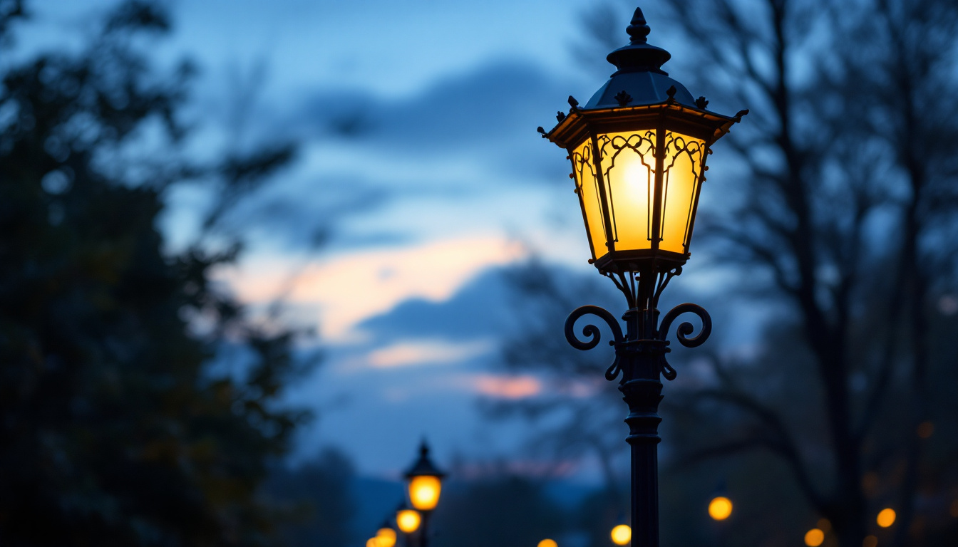 A photograph of a beautifully designed decorative lamp post illuminated at dusk