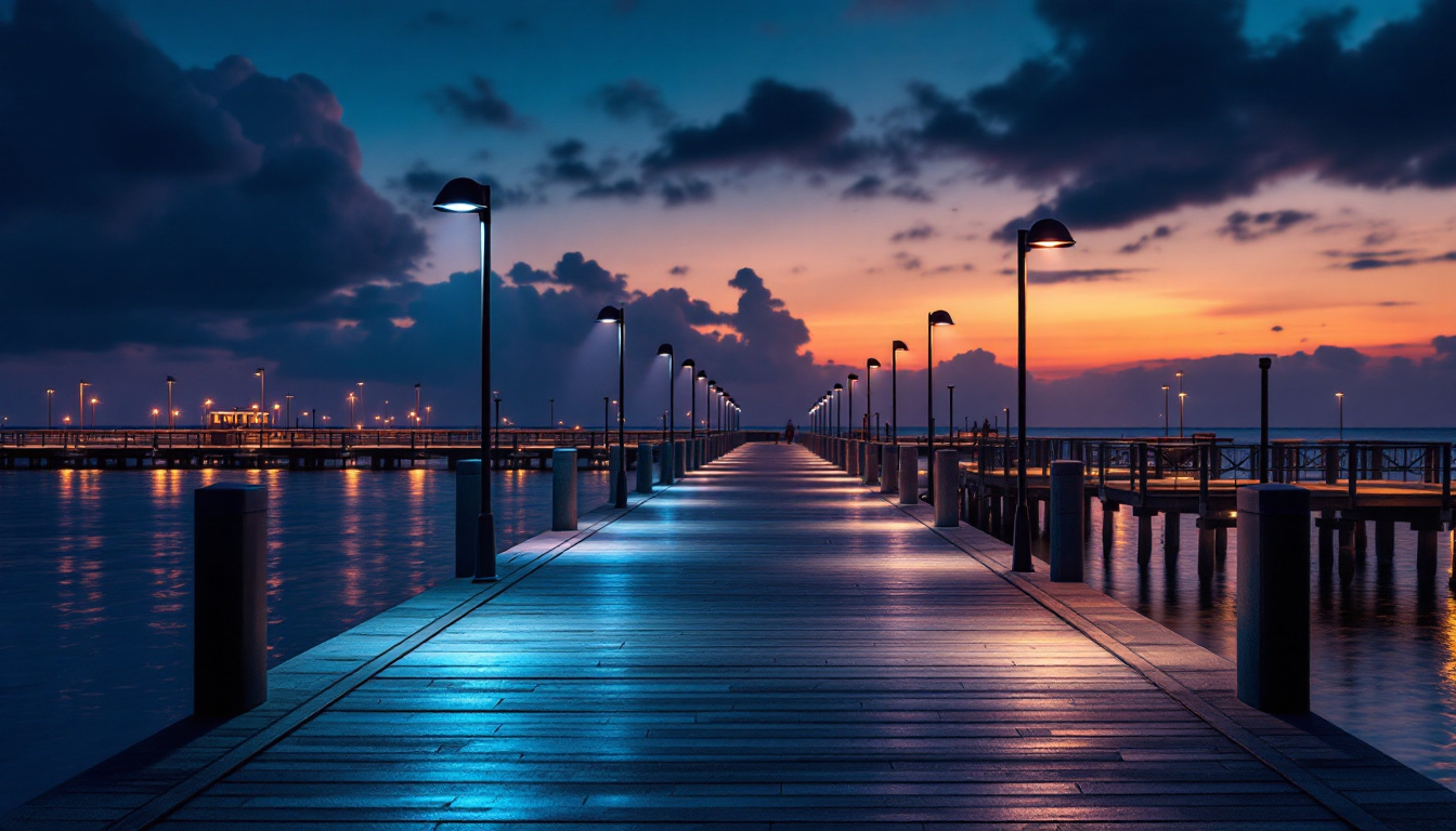 A photograph of a beautifully illuminated dock scene at dusk