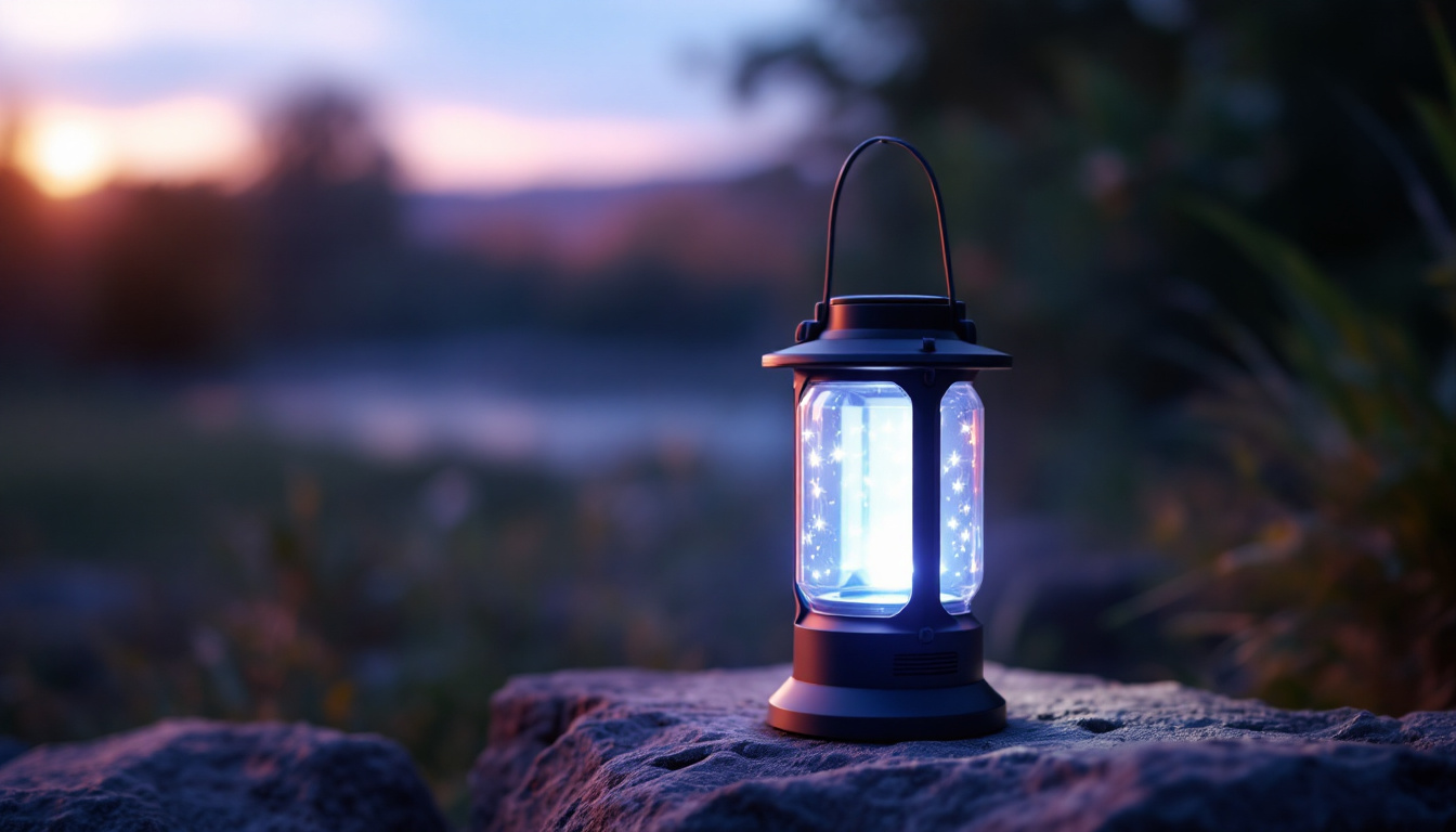 A photograph of a solar-powered led lantern in a natural outdoor setting during twilight