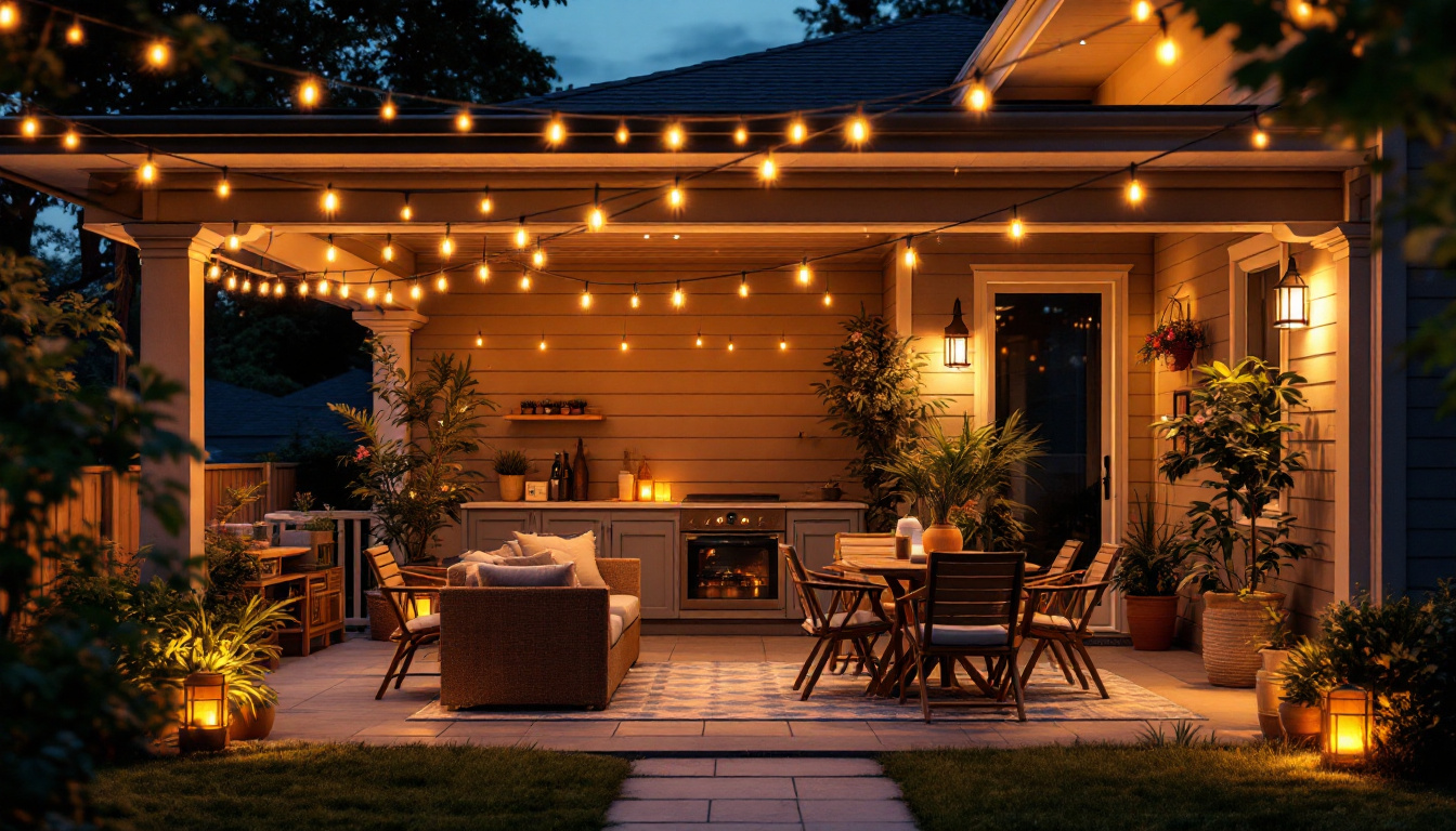 A photograph of a beautifully illuminated patio at dusk