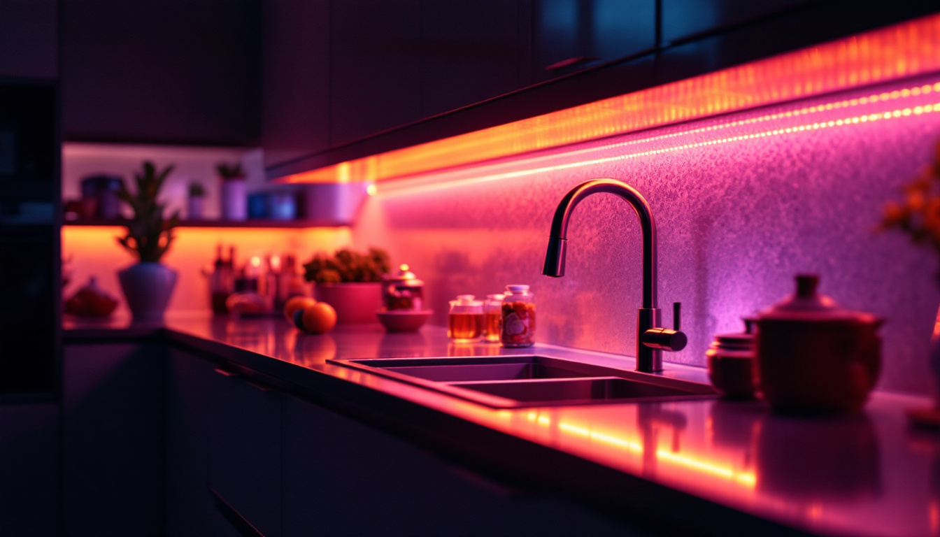 A photograph of a well-lit kitchen or cabinet space showcasing vibrant led strip lighting