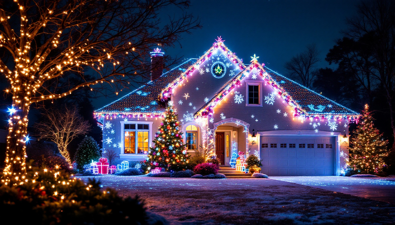 A photograph of a beautifully illuminated house adorned with vibrant projection christmas lights