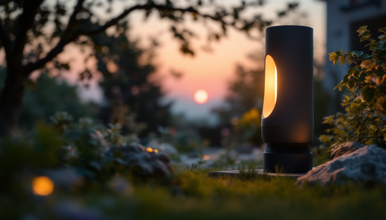 A photograph of a stylish outdoor portable lamp illuminated in a serene garden setting