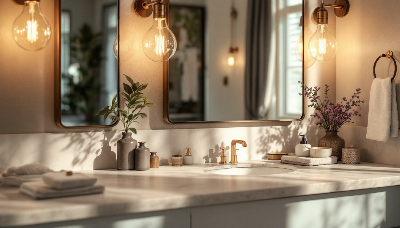 A photograph of a beautifully designed bathroom vanity featuring stylish light bulbs that enhance the space's ambiance