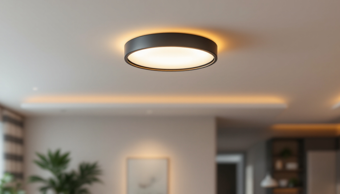 A photograph of a sleek and modern lumens flush mount light fixture installed in a stylish interior setting