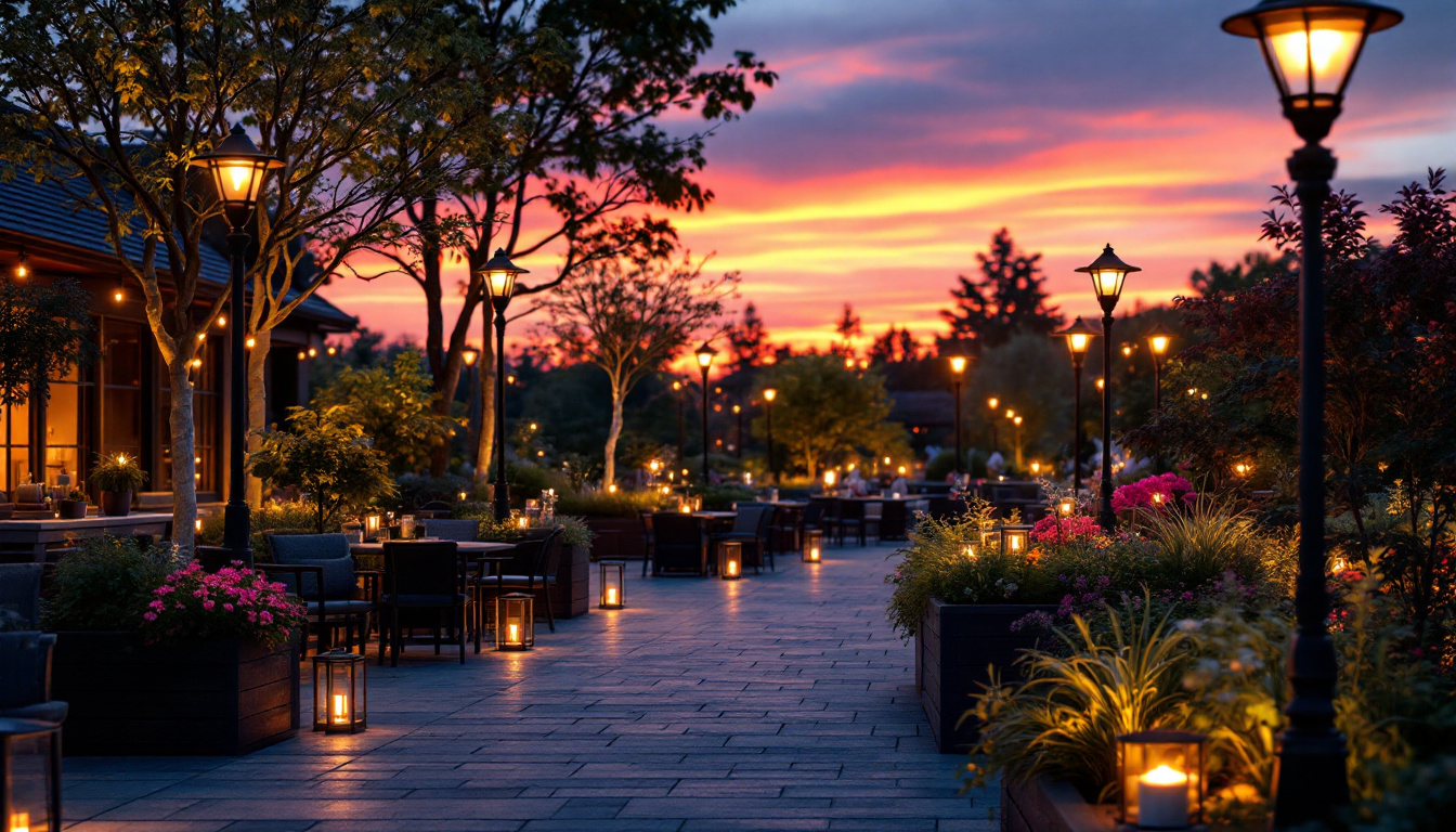 A photograph of a beautifully illuminated outdoor space at dusk