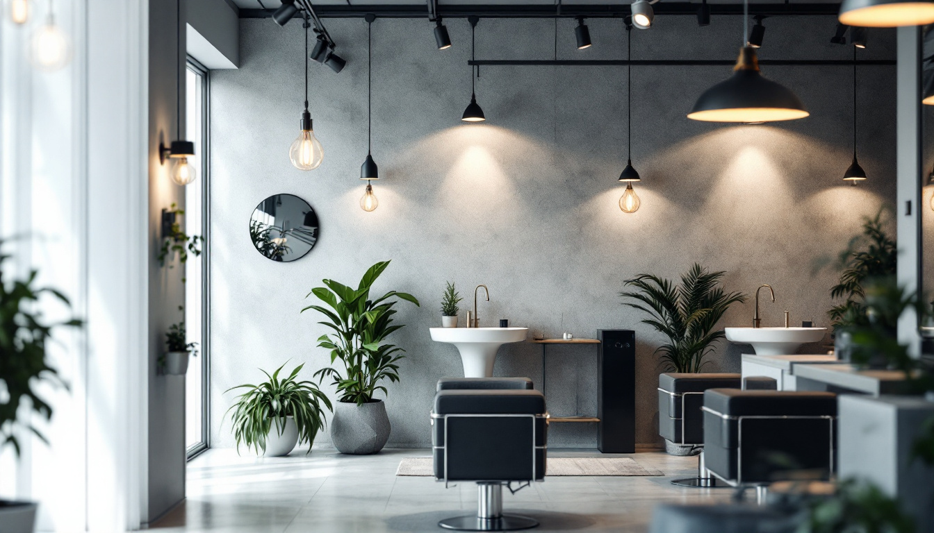 A photograph of a beautifully designed salon interior that showcases a variety of lighting fixtures in use