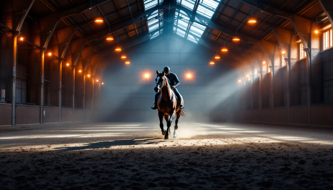 A photograph of a beautifully illuminated indoor arena showcasing a horse in motion