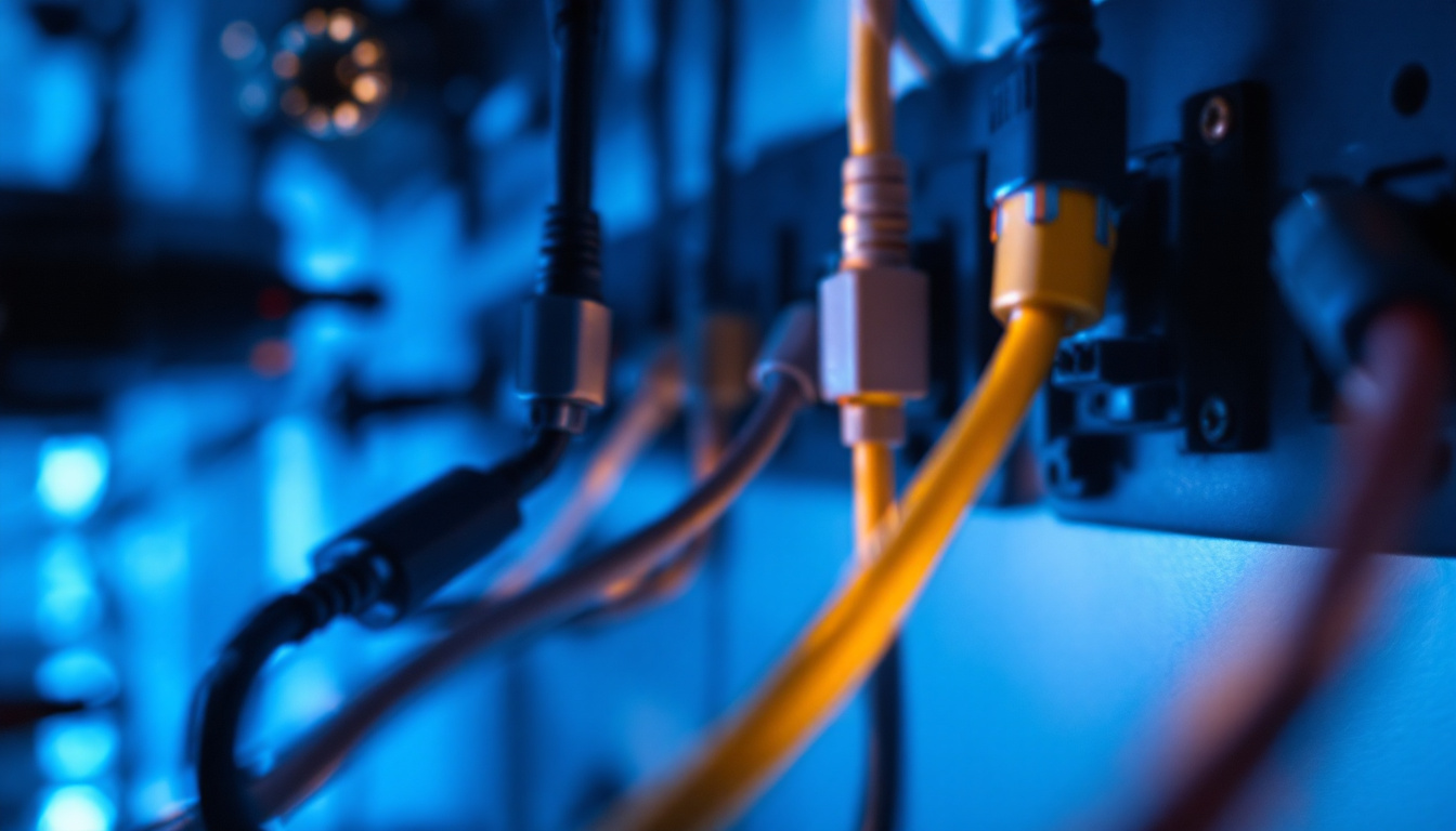A photograph of a close-up view of various types of lighting cords in use within an electrical engineering setting