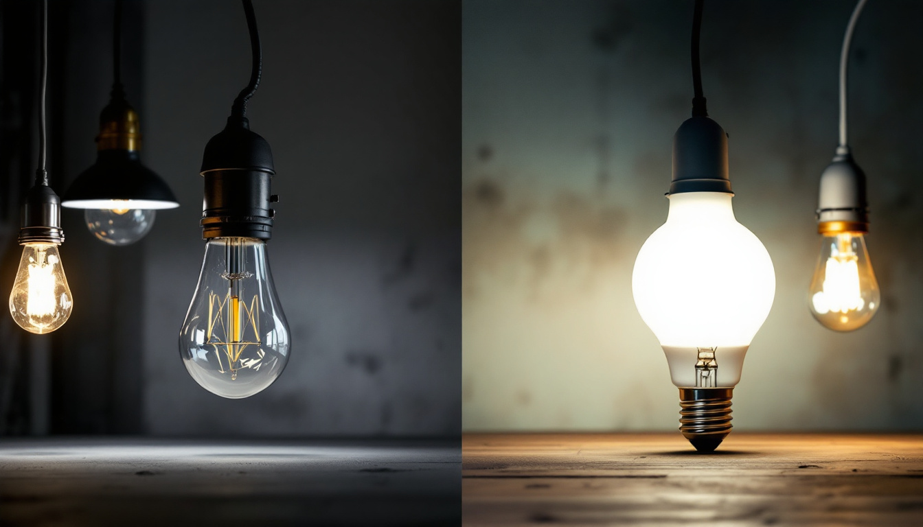 A photograph of a side-by-side comparison of industrial and commercial led light bulb setups